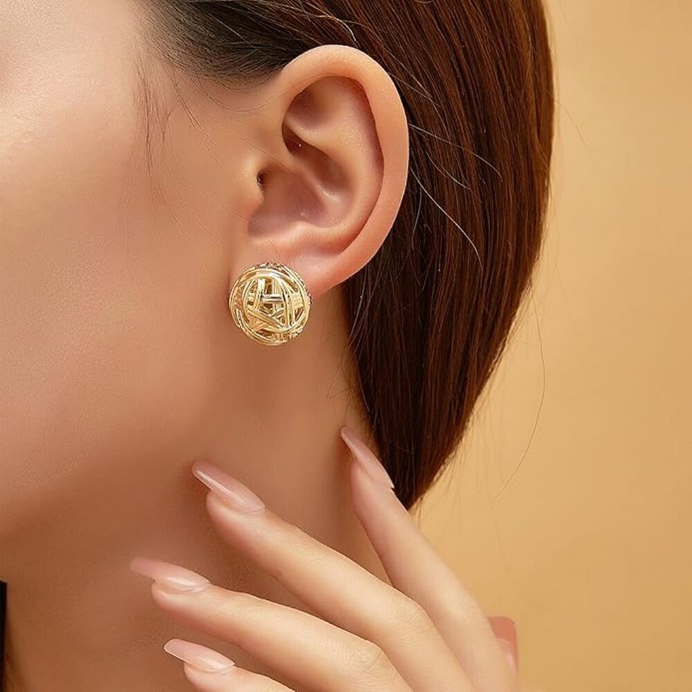 Gold Messy Twist Wire Ball Twine Yarn Abstract Artsy Hollow Earrings